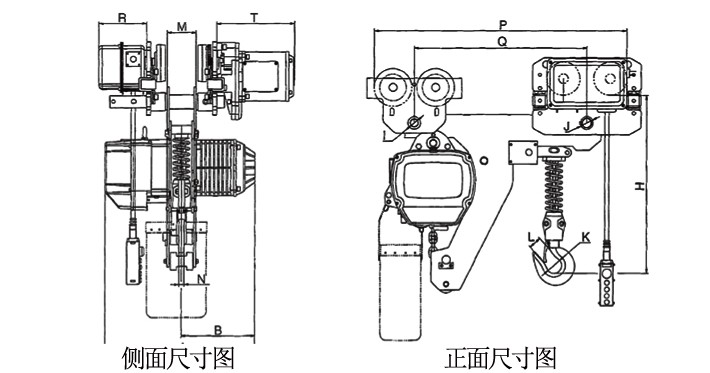 0.5噸超低環(huán)鏈電動葫蘆結(jié)構(gòu)尺寸圖