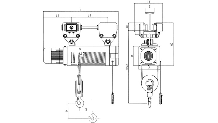懸掛式鋼絲繩電動葫蘆結(jié)構(gòu)尺寸圖