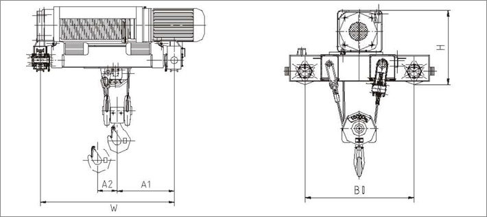 SH型雙梁小車式鋼絲繩電動葫蘆結(jié)構(gòu)尺寸圖