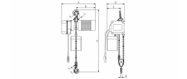 龍升2噸環(huán)鏈電動葫蘆結(jié)構尺寸圖片