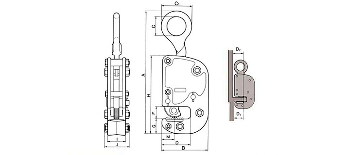 三木HV-K橫豎吊兼用鋼板鉗結構尺寸圖片